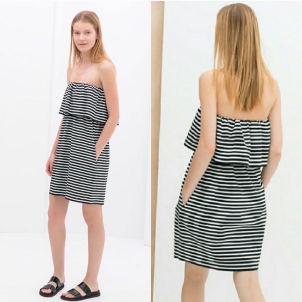 Zara | Strapless Black & White Striped Mini Dress